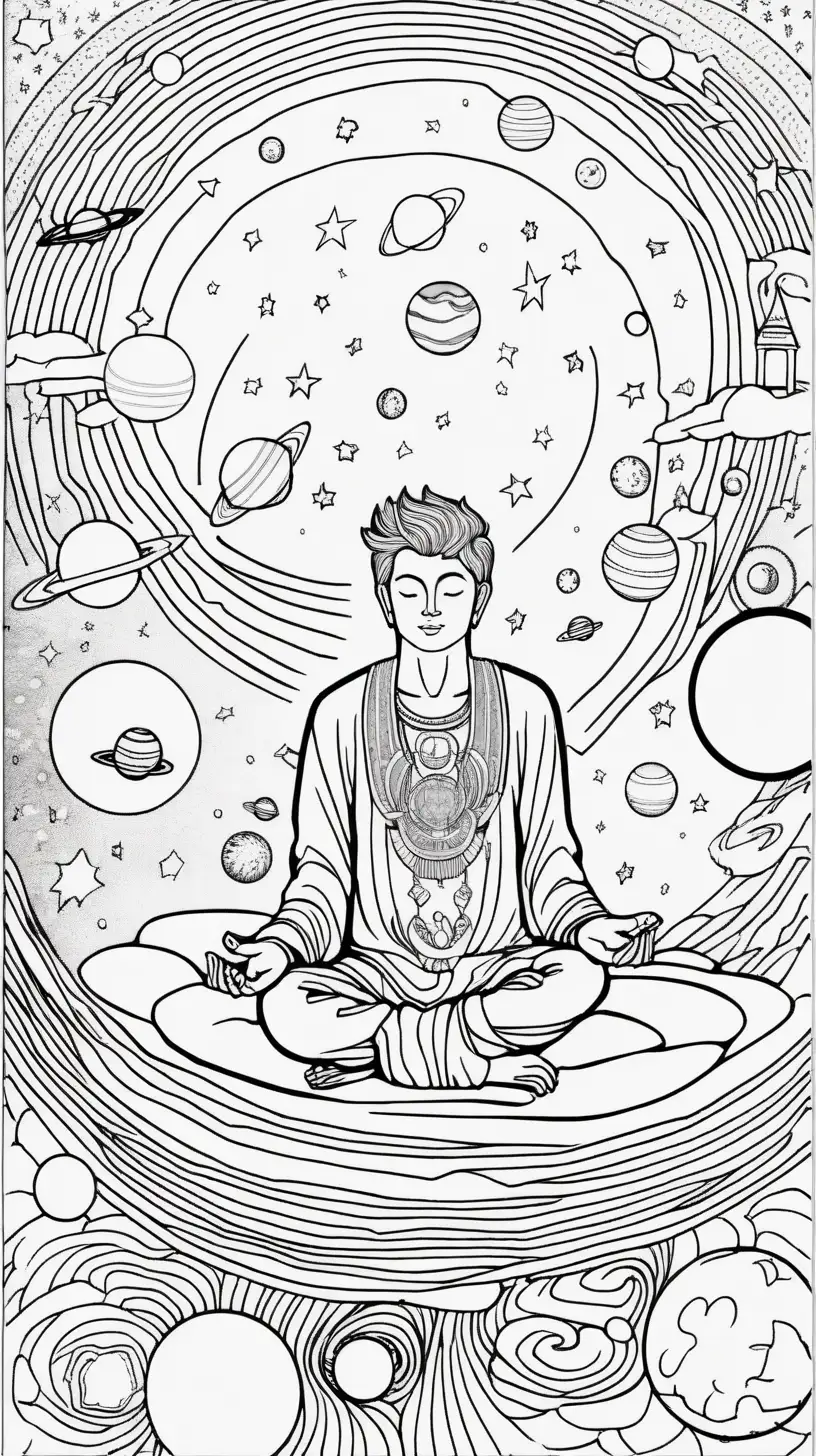 imagen coloring page for adult, a person meditation floating in a sky full of planets and start9:11