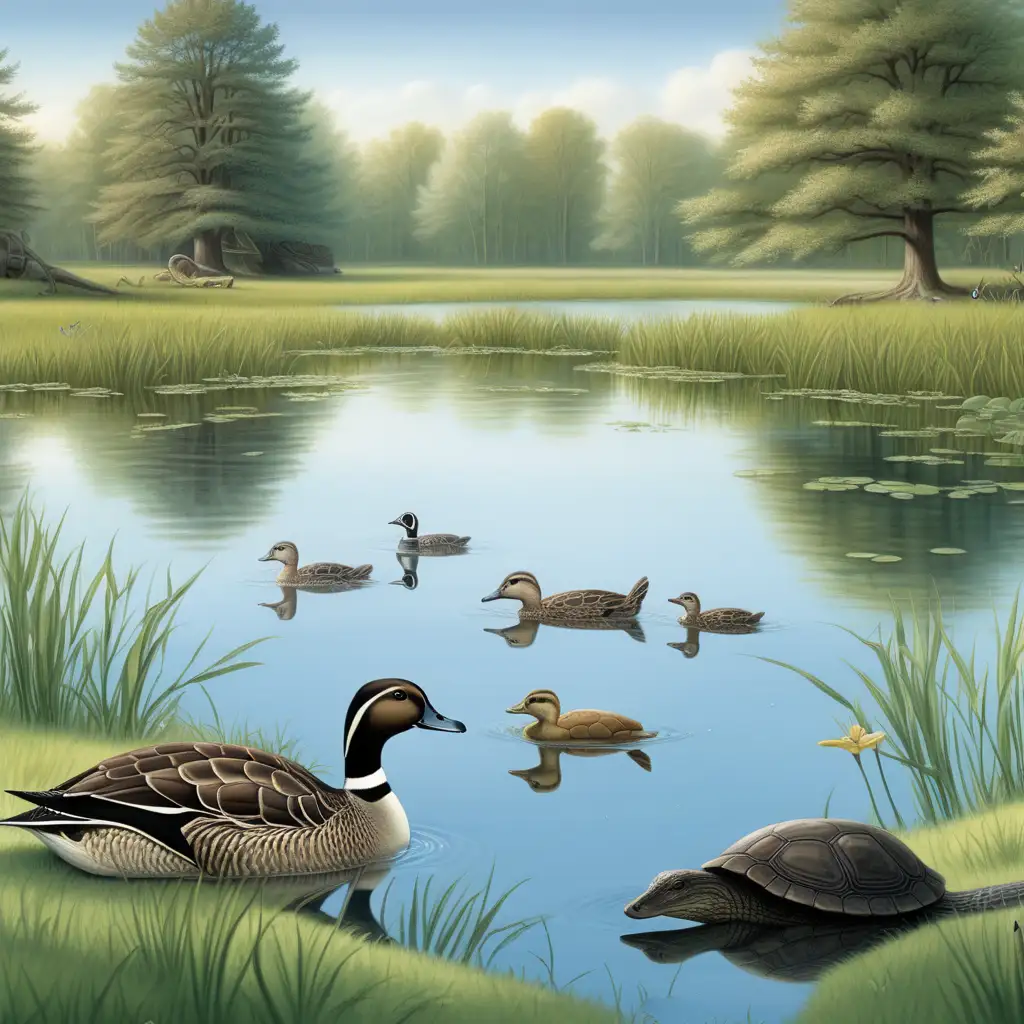 Image.   a serene pond surrounded by a woods. The pond has playful turtles and frogs , the busy beaver and the slinky black snake. And there, in the midst of it all, is one magnificent northern pintail duck. Beyond the pond, just at the edge of the woods, a herd of  deer graze on the grass. It sounds like a peaceful and idyllic scene.
