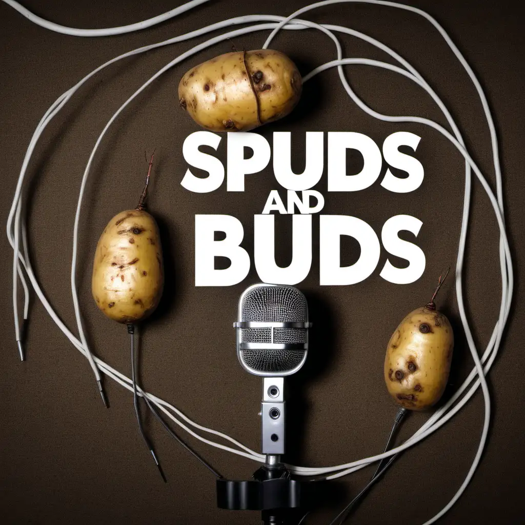 spuds & buds'. English text. no banner. microphone wires wrapped around spuds. podcast.
