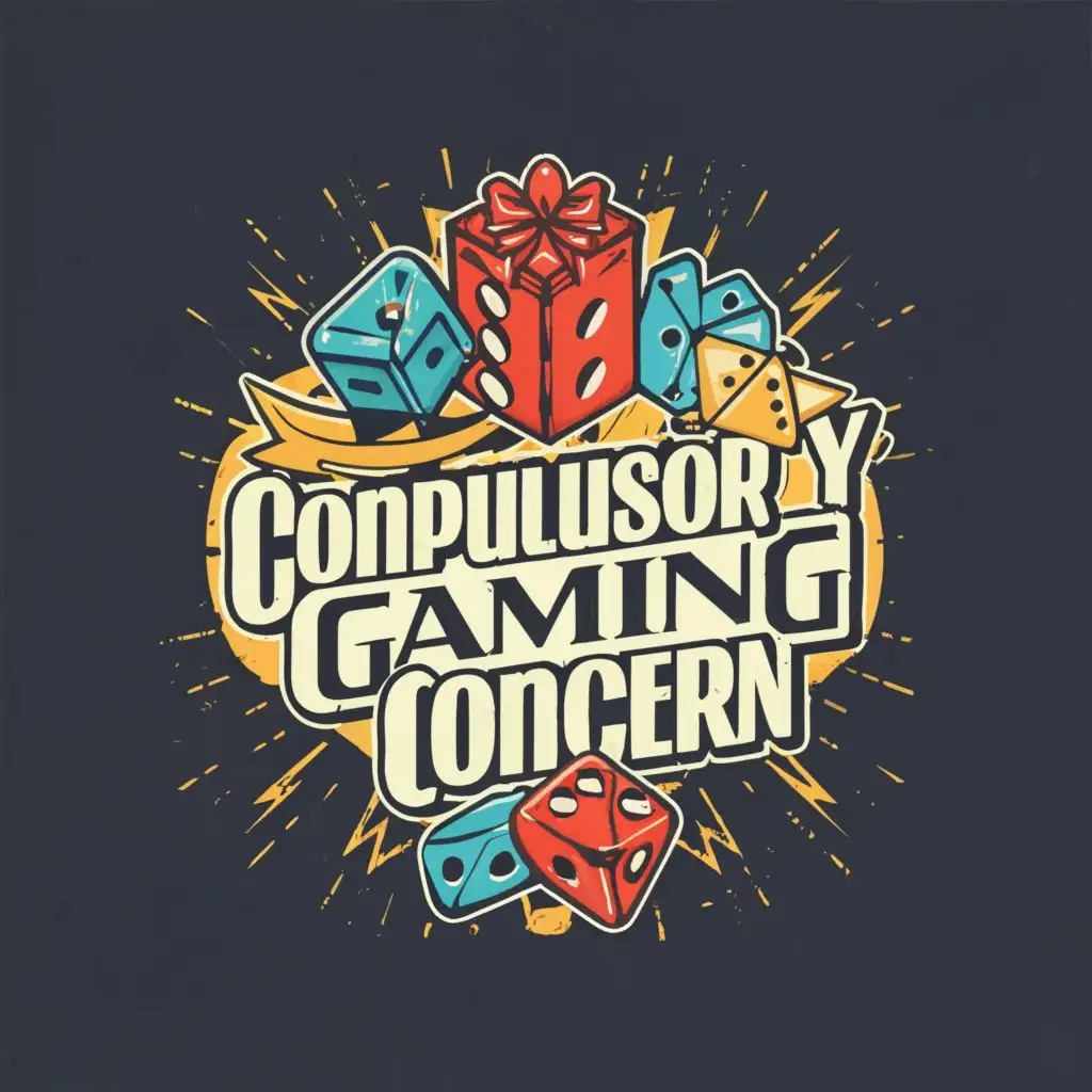 logo, 6 dice, playing cards, board game, wrapped gifts, with the text "COMPULSORY
Gaming
Concern", typography, be used in Entertainment industry