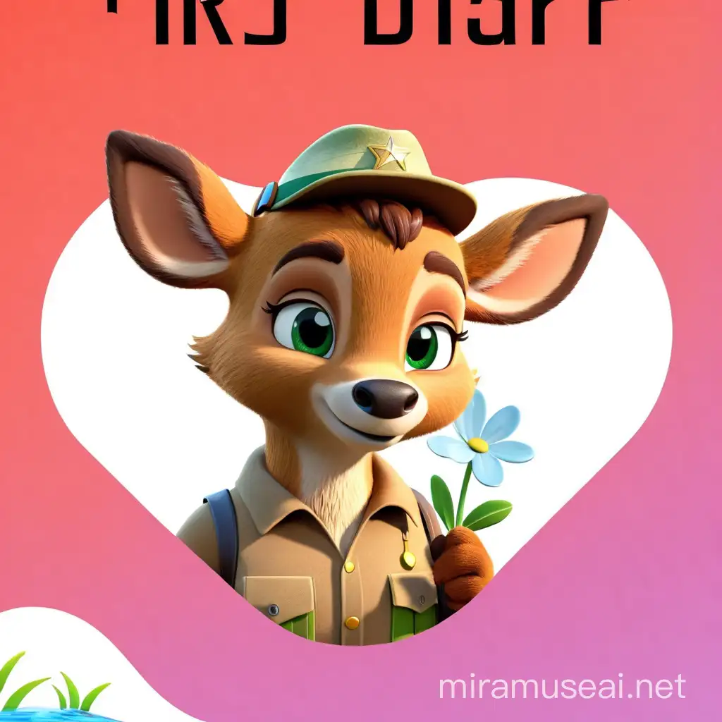 Create a 3D illustration featuring an animated deer The character should be standing in a park with a lake. The character should have white spots on his face and green eyes, dressed as a forest ranger. The background should be a pastoral park with lots of objects and a lake