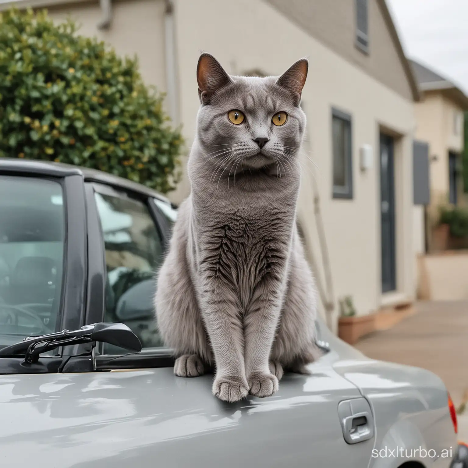 a gray cat sitting on a gray car