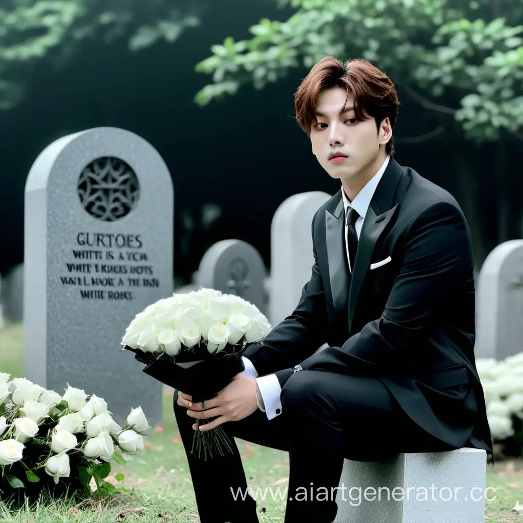 Jeon Jungkook in black suit sitting near a graveyard and holding a bouquet with white roses in his hand and he is sad
