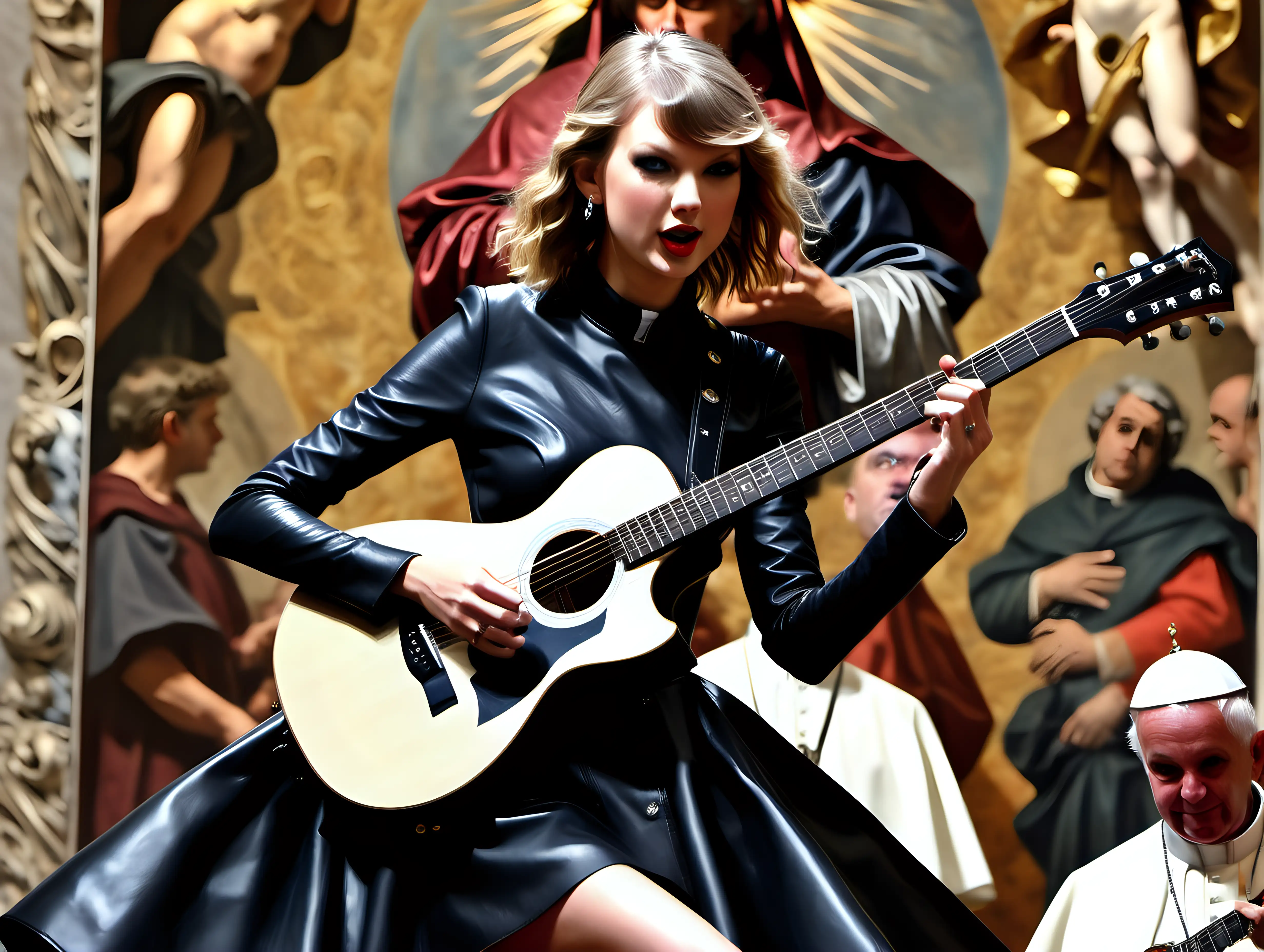 Taylor Swift in the Vatican in black leather playing guitar in the style of Frank Frazetta