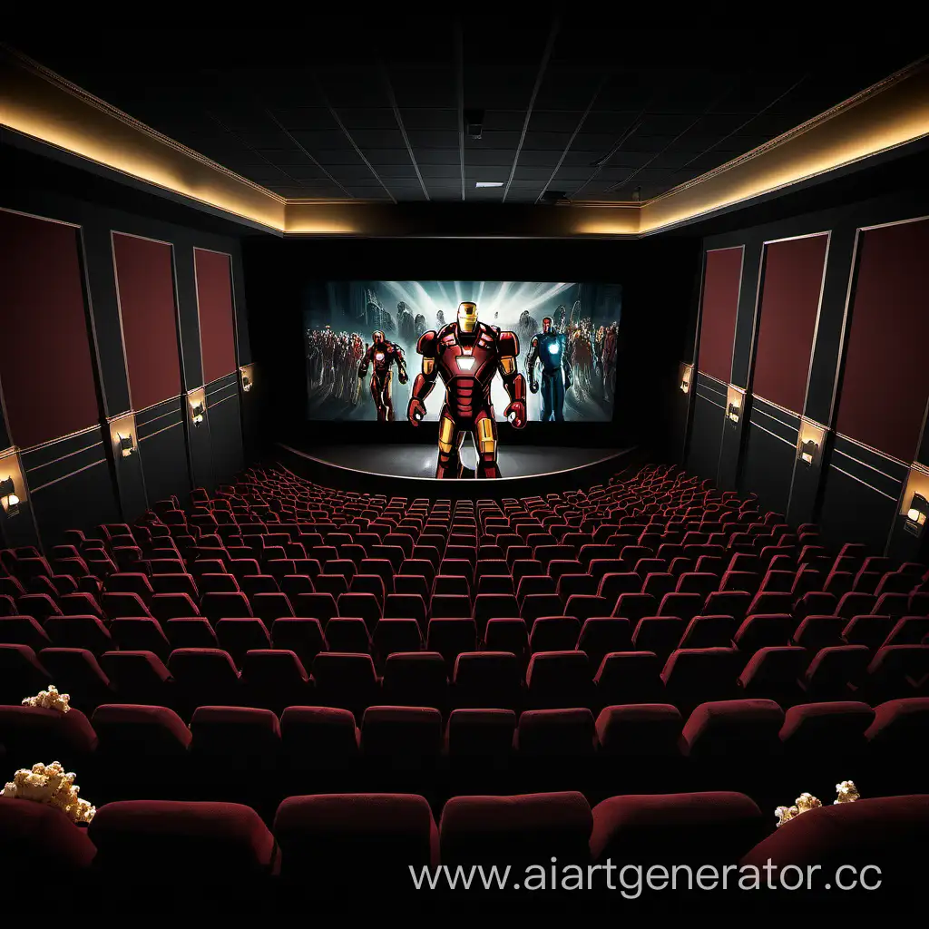 Generate an image of a packed theater with enthusiastic people sitting and watching an Ironman movie. Ensure that the audience is engaged, captivated, and focused on the screen. Set the ambiance to be exciting with the room dimly lit, and include elements like popcorn and drinks to enhance the movie-watching experience