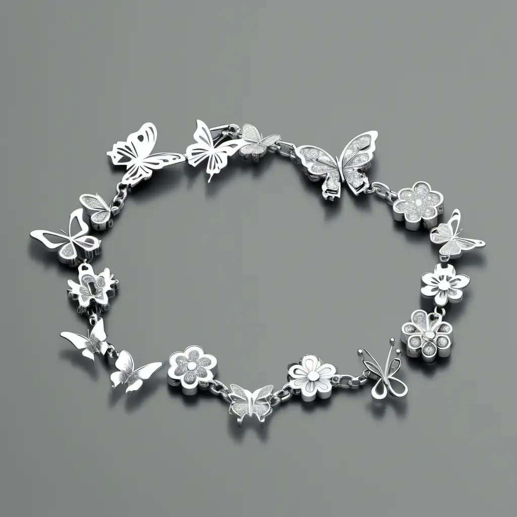 White gold bracelet designed with small flowers and butterflies alla around 
