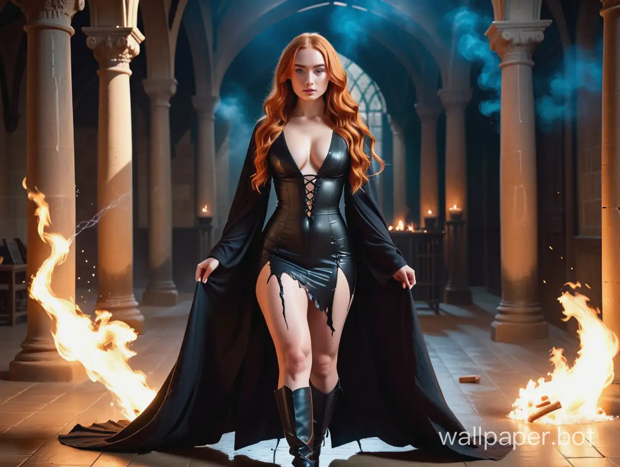 sexy cute female wizard  with ripped robe. black high heels. cast fire spell. fighting scene. ripped top clothes. ripped bottom clothes.sophie turner.