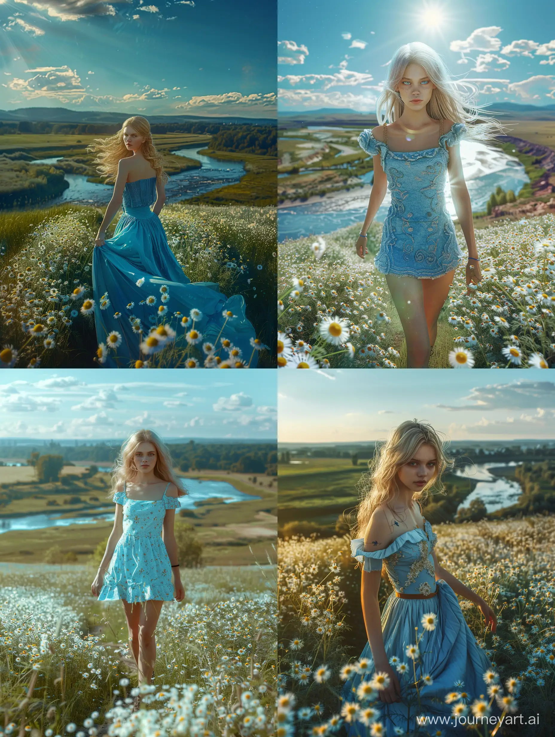 Beautiful-Blonde-Girl-Walking-Through-Chamomile-Field-in-Blue-Dress
