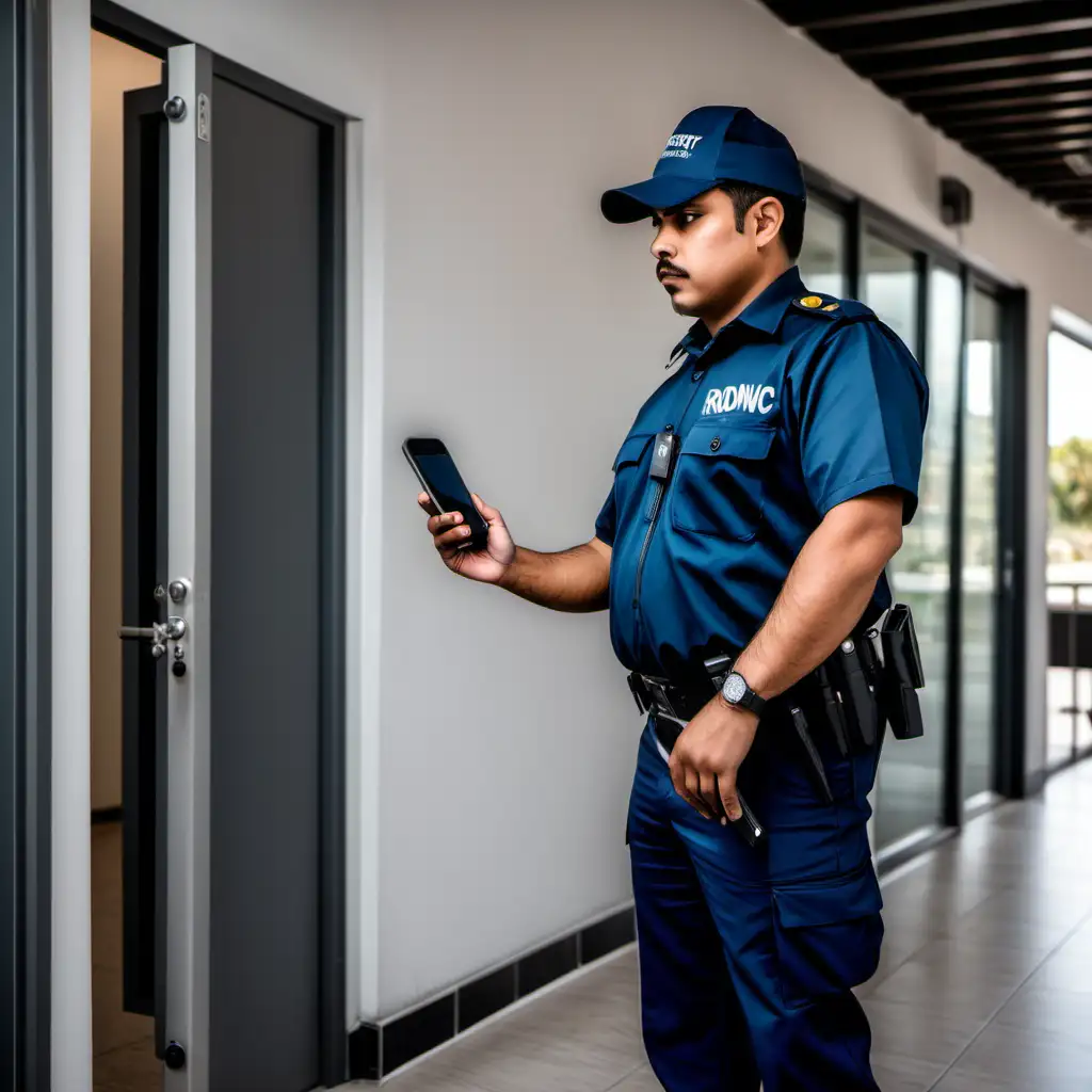 Professional Mexican Security Guard Using Rondinc Mobile App for Facility Supervision