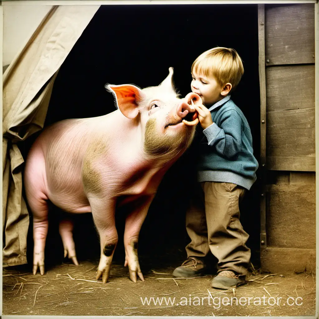 
a pig nibbles a child's ear