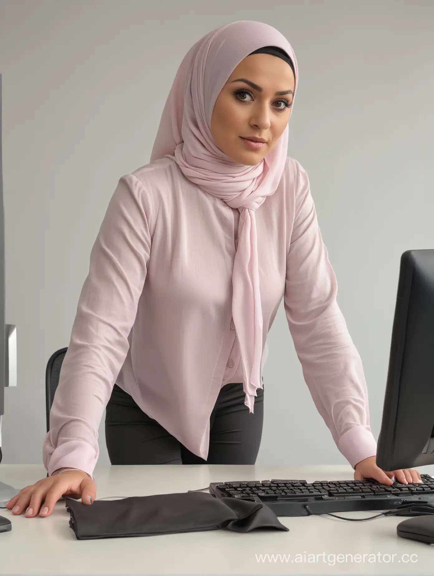 A dwarf woman, 40 years old, in office, hijab, skinny fabric pants, shirt, high heels, soft light, close shot, she works on the pc, hairless, sharp eyes, pov, bending on the table, from side