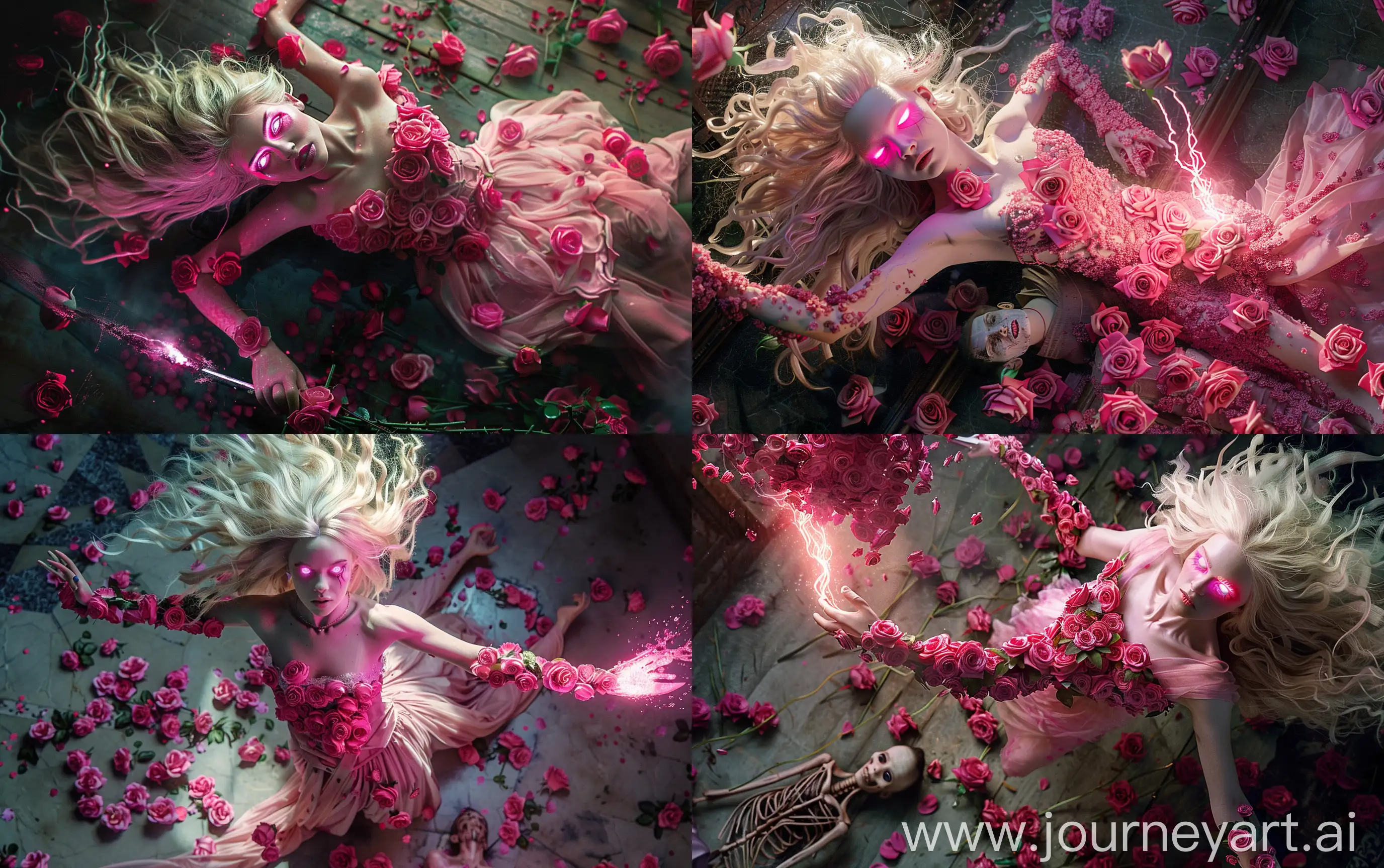 beautiful model with blond and rosen wild hair, her body is covered with pink roses partially, she has pink eyes, she wears a pink dress, she holds a glowing dagger in her hand, She descends in flight to the floor where there is young dead man strewn with roses, The floor is strewn with roses, mystical dark background, cinematic, canon 22mm shot, realistic --ar 16:10