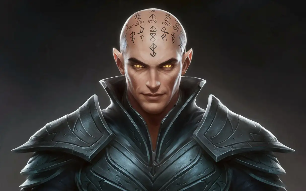 Race: Human like , Age: 30, yellow eyes glowing , male, complete  no hair and tattoos on his head that look like nordic runes and he is a warlock for RPG games and completely hundsome
