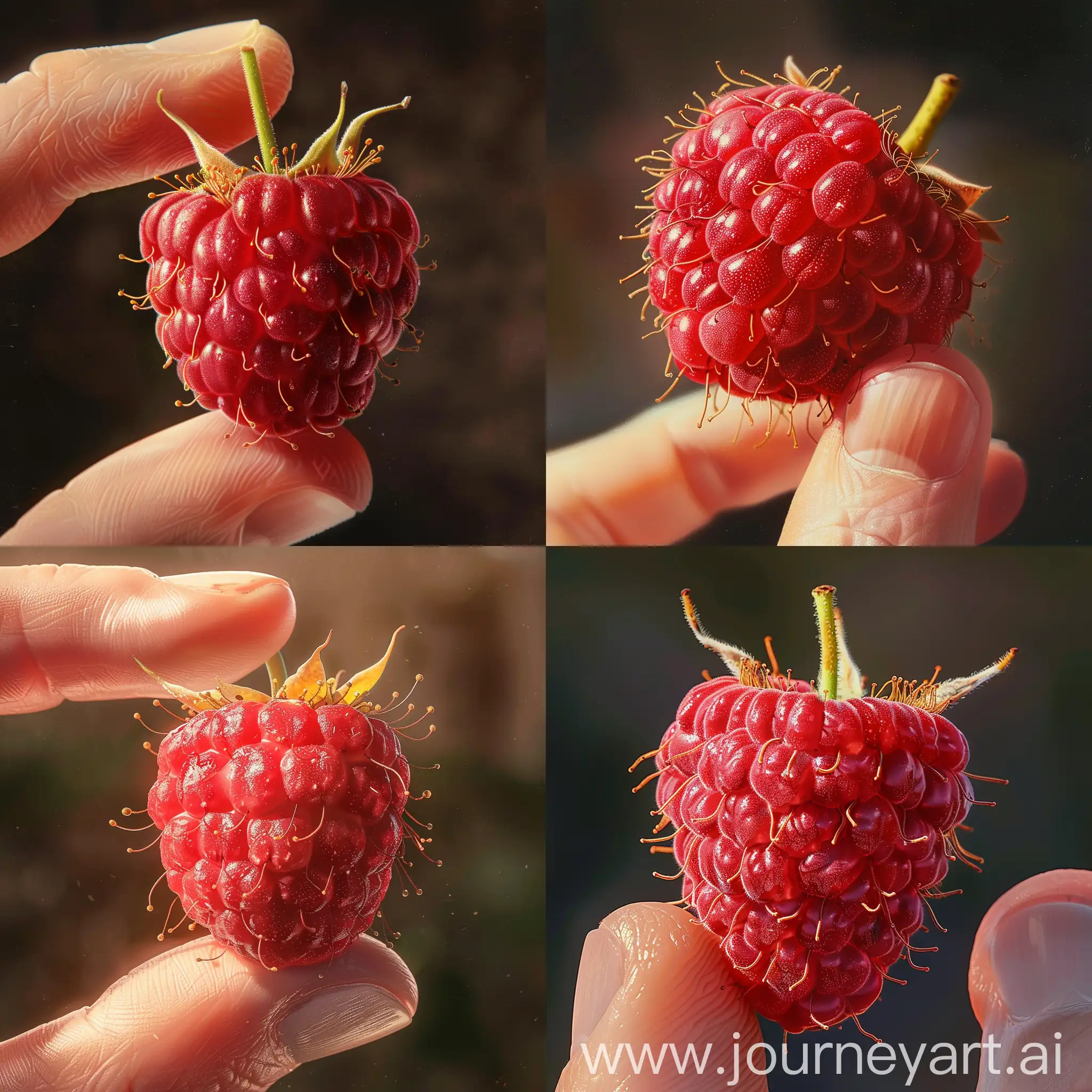 A single, ripe raspberry is the subject of this image, presented in vivid detail. Each individual drupelet, plump and glistening with moisture, stands out in a rich, red colour that suggests a juicy and fresh quality. The raspberry is delicately held between the thumb and forefinger, which have neatly manicured nails and appear soft, adding a human element to the composition. The background is deliberately blurred, ensuring the raspberry commands the viewer's focus. Additional elements, like the fine hairs on the drupelets that catch the light, contribute to the tactile realism of the fruit. The soft shadows cast by the fingers create an effect of depth. Overall, the composition is an intimate and detailed celebration of natural simplicity, emphasising the texture and freshness of the raspberry.