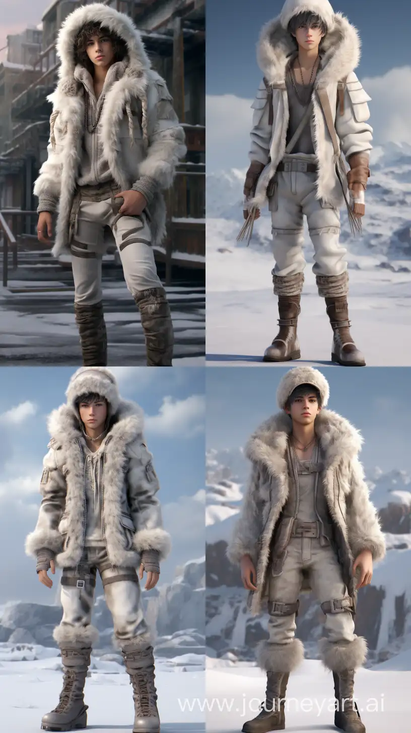 Here is the realistic image of a pretty 18-year-old boy in a post-apocalyptic setting, dressed in a communist snow camouflage military uniform with a sheepskin aviator hat, snow leggings, and Nutukas. The full-body shot is rendered in a highly detailed 8K resolution, providing a full-length view from head to toe, with the subject centered and uncropped --ar 9:16
