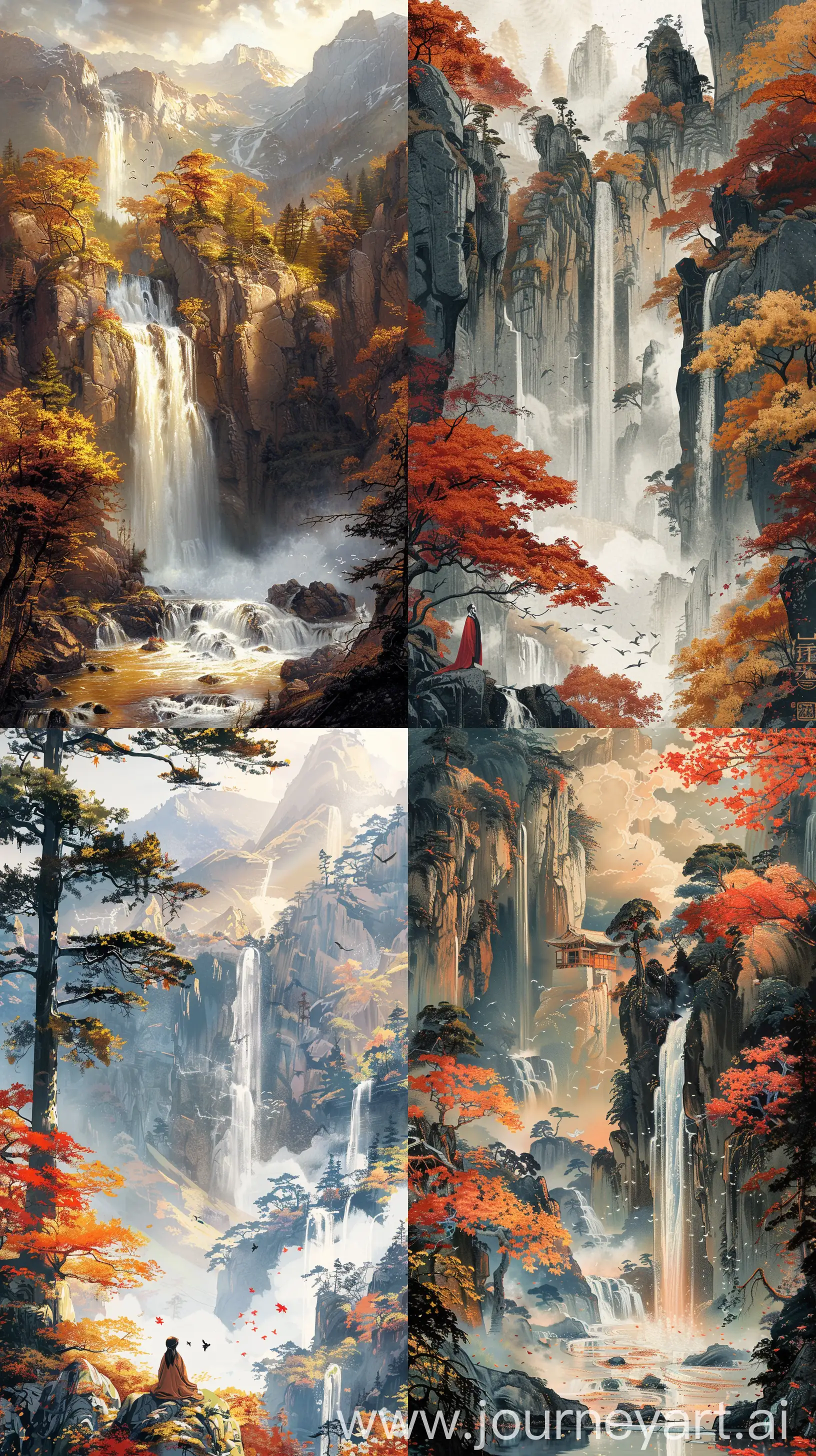 The autumn girl comes on of a waterfall flowing from the mountains, a beautiful canyon and tall trees, animals and birds around::3 alphonse mucha::3 --aspect 9:16 --quality 1 --stylize 300 