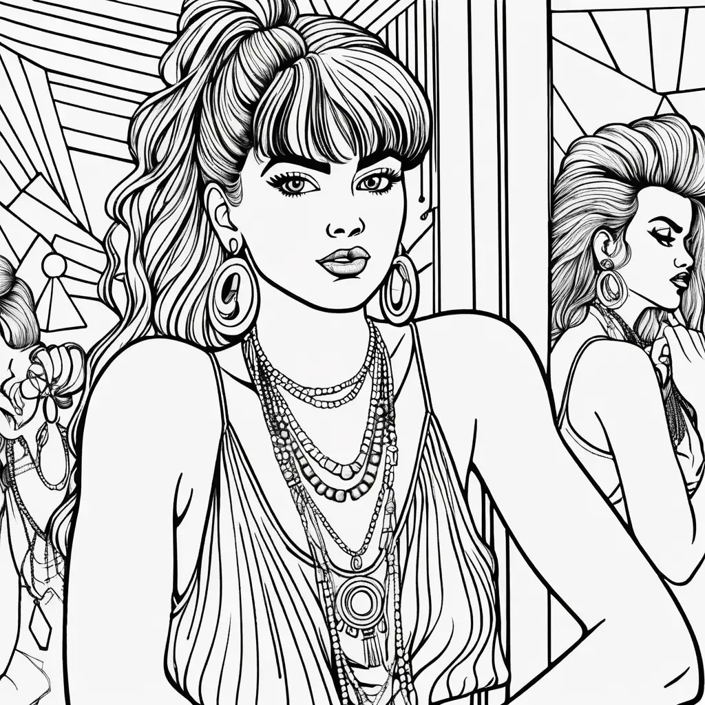 Vintage Clubbing Fashion 1990s Woman with Big Round Earrings and Multiple Necklaces Coloring Page