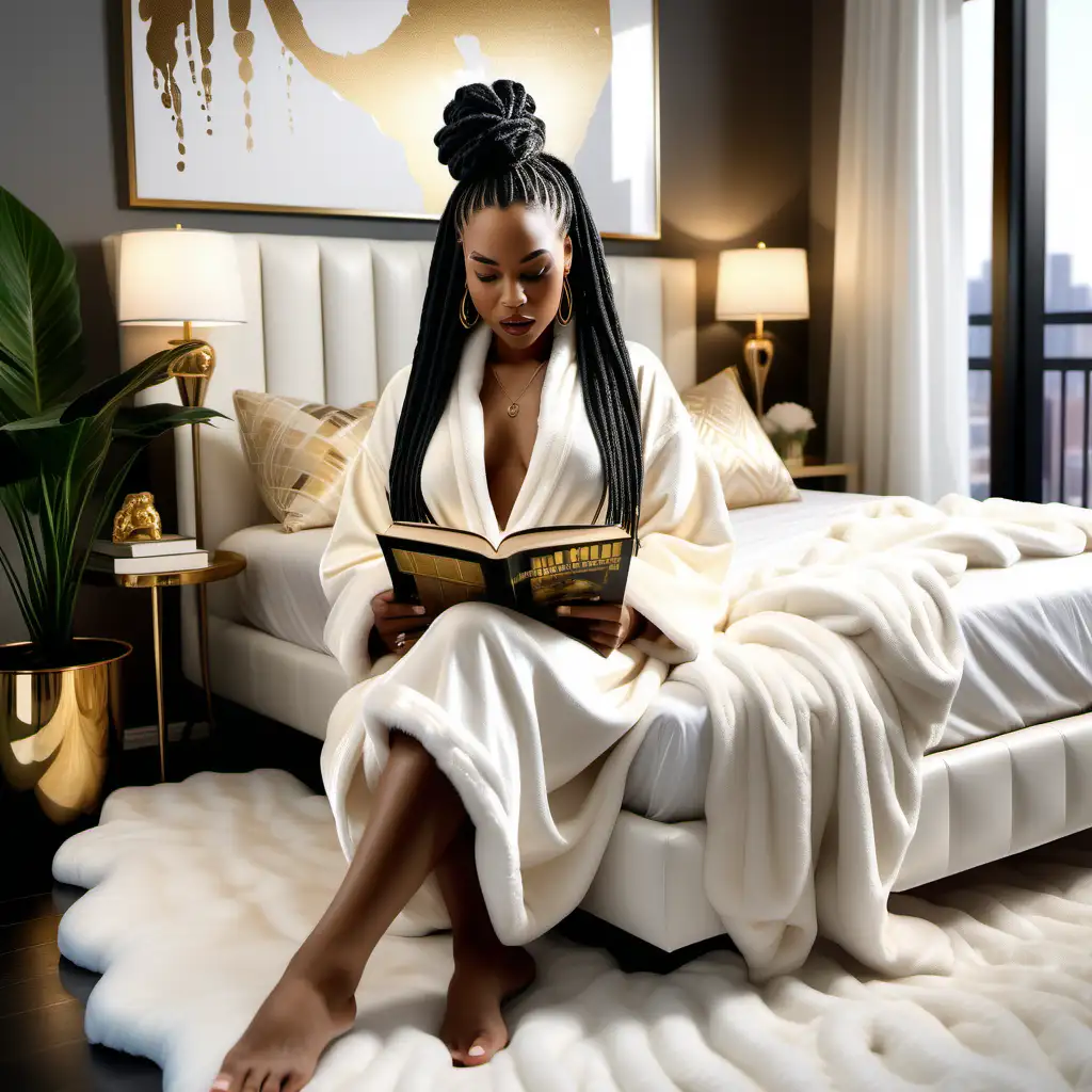 Stylish African American Woman Relaxing in a Modern Cream and Gold Bedroom