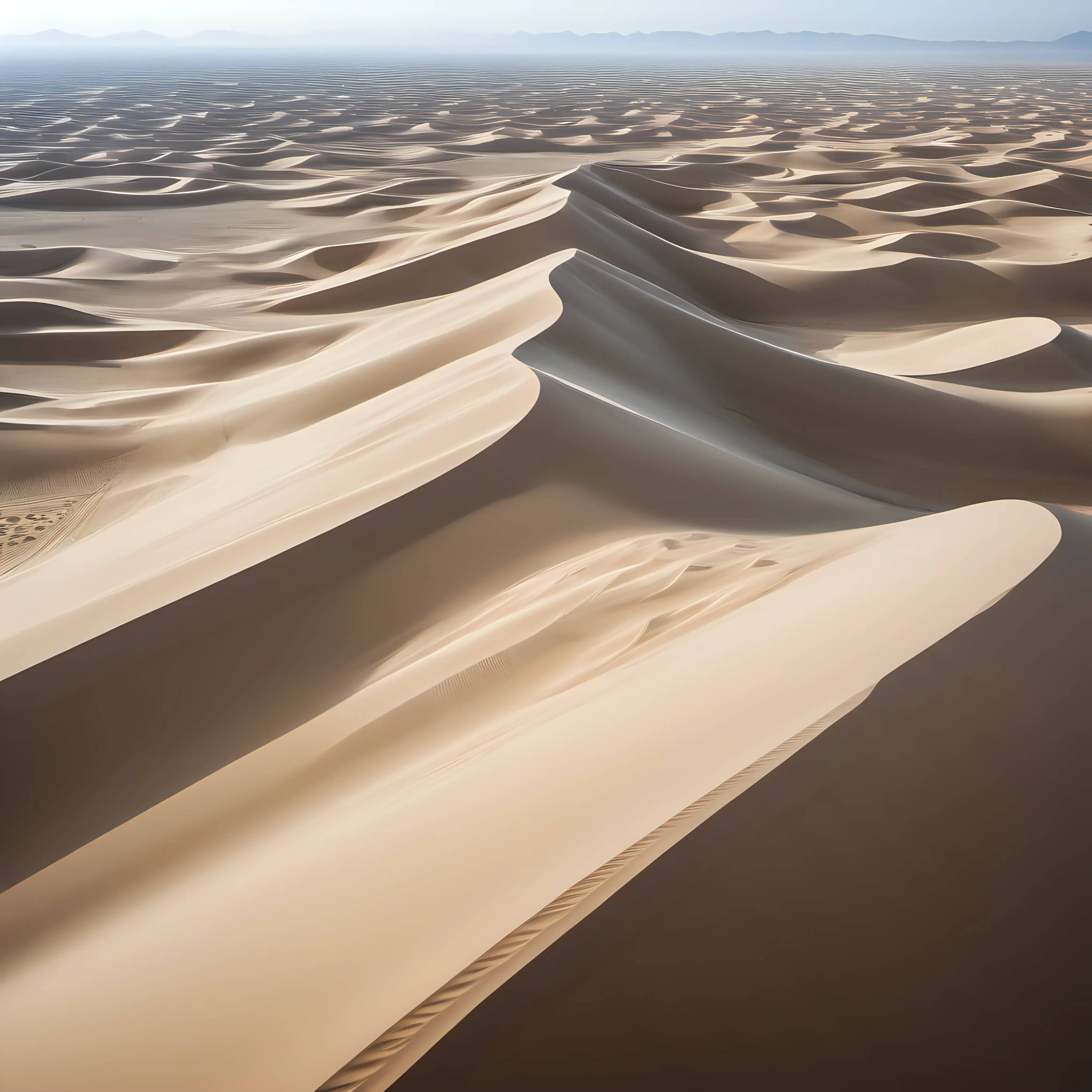 An aerial photograph capturing the vast expanse of desert sand dunes, creating a minimalist and serene landscape, shot with Sony Alpha a9 II and Sony FE 200-600mm f/5.6-6.3 G OSS lens, natural light, hyper realistic photograph, ultra detailed