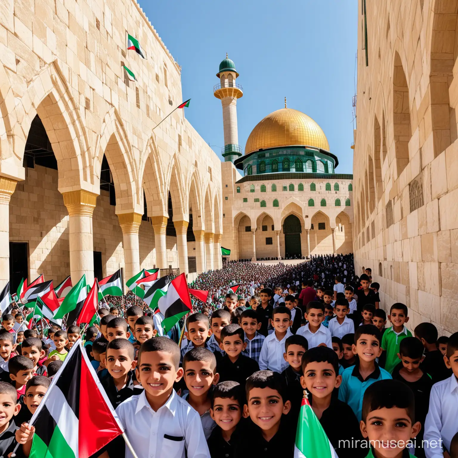 Many children of Gaza are outside of the Al-Aqsa mosque running facing the Al-Aqsa mosque with happiness and raising the flags of Palestine.