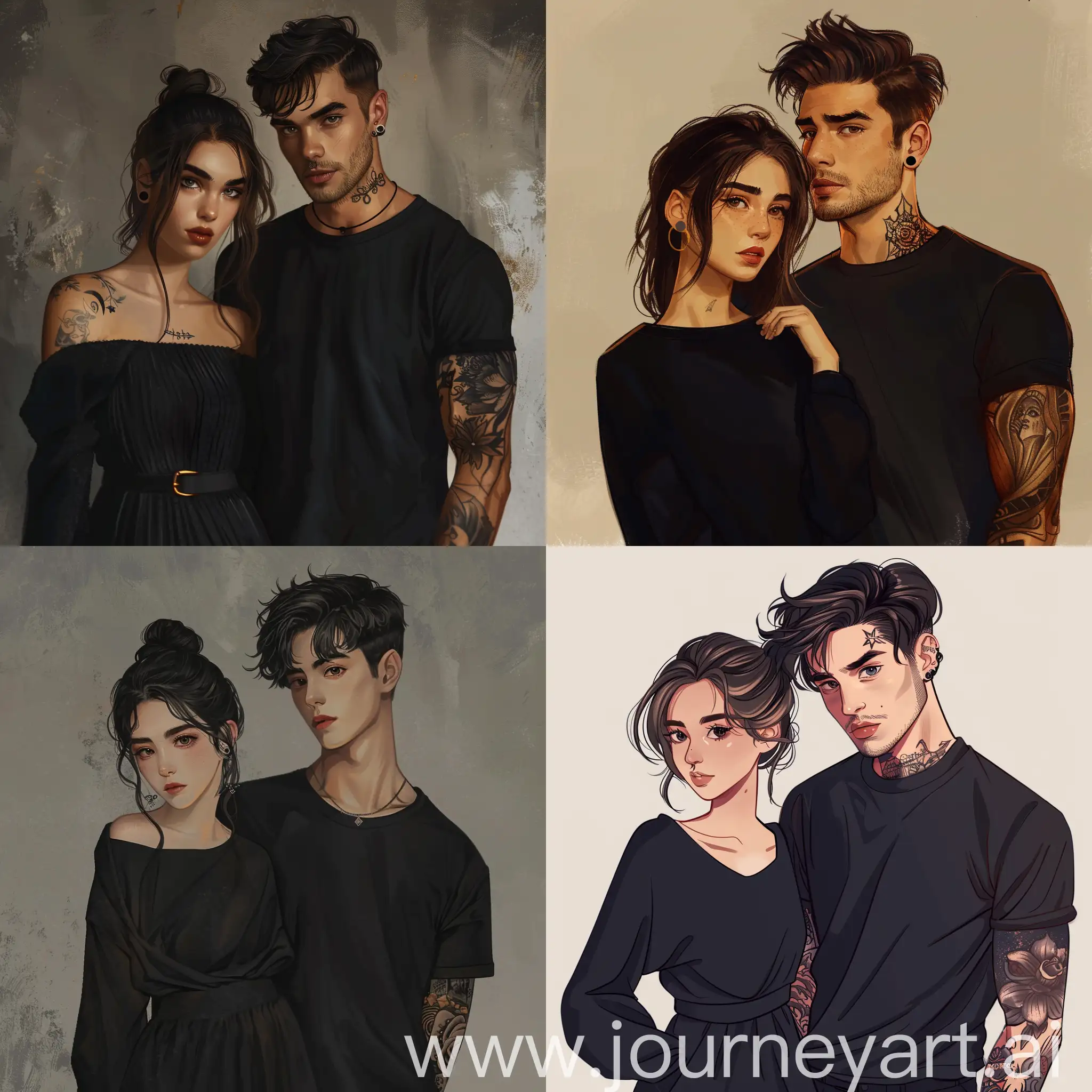 a sweet girl about 18 years old, she has a black warm dress and a guy about 25 years old, he has dark hair and he has very short hair, he wears a black T-shirt and he has tattoos. in the art style