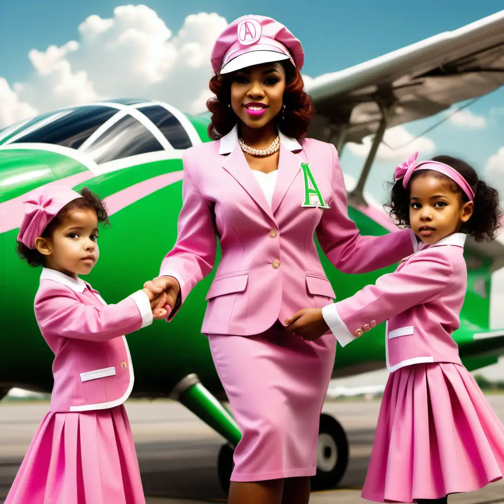 create an image of an elegant alpha kappa alpha woman helping children. make aviation theme. use pink and green  clothes