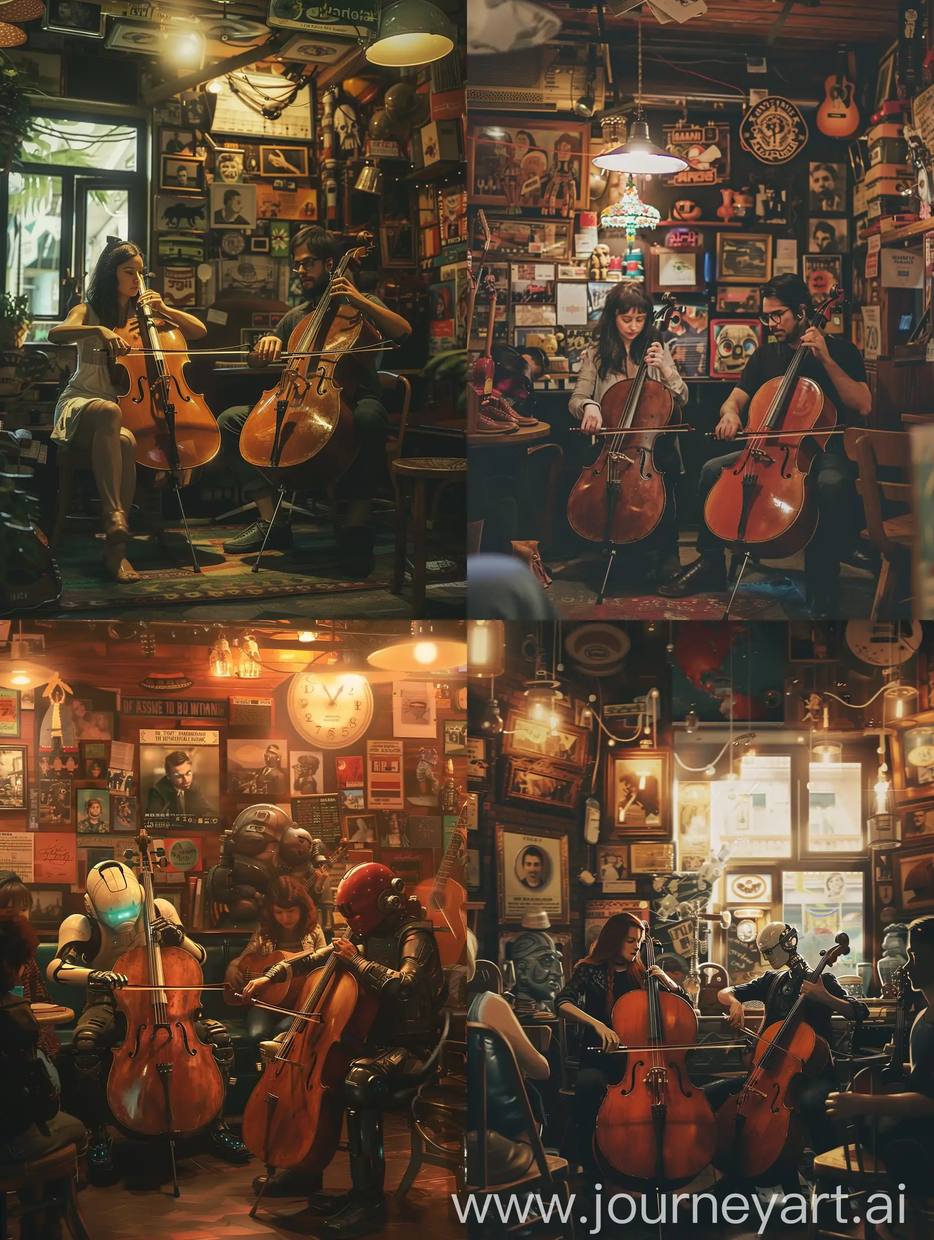 In the warm glow of a vintage-looking café, a group of robots(women&man) gather intimately for a live session. The cellist and guitarist are at the heart of this impromptu concert, playing passionately to an audience of music lovers. Surrounded by walls adorned with eclectic memorabilia, the setting adds a charmingly nostalgic vibe that complements the acoustic melodies filling the air. It's a snapshot that encapsulates the essence of bohemian life, where every note seems to tell a story.