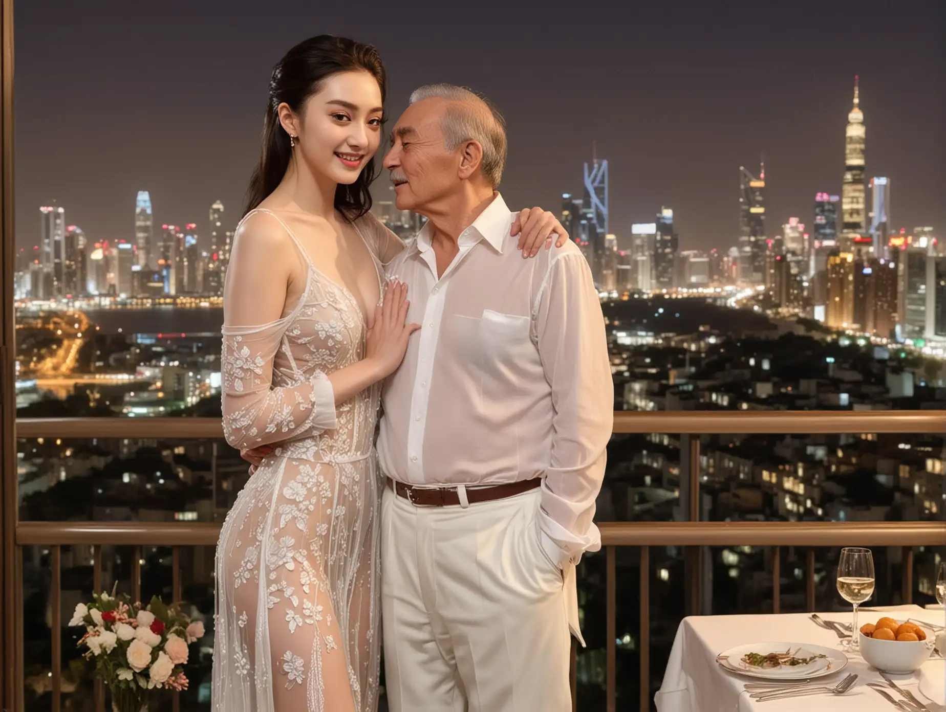 Jing Tian in see through gown with an older man in white shirt hugging, her hands are in his neck, his hands are in her waist, flower in her hair, romantic dinner date, couple in love, night time, dinner, hotel, city panorama.