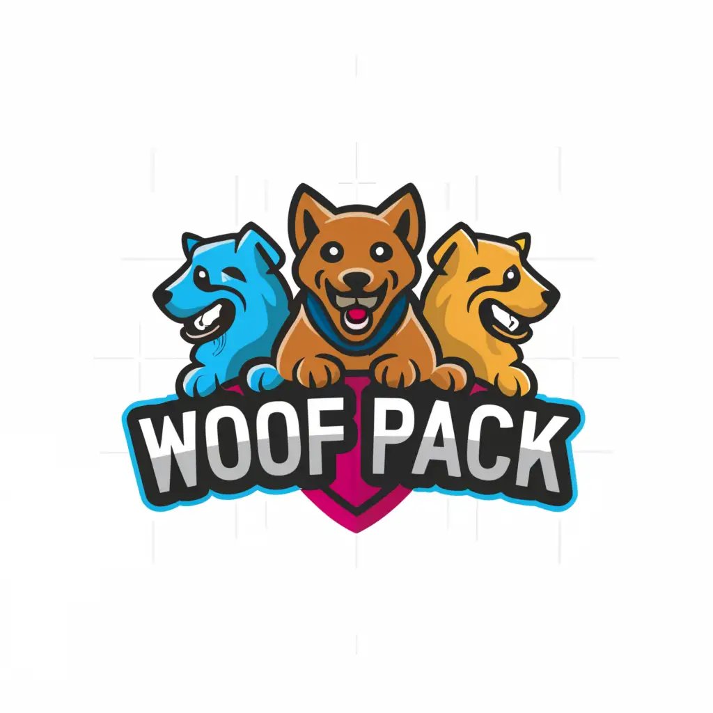 a logo design,with the text "Woof Pack", main symbol:superhero shield with 5 dogs,Moderate,clear background