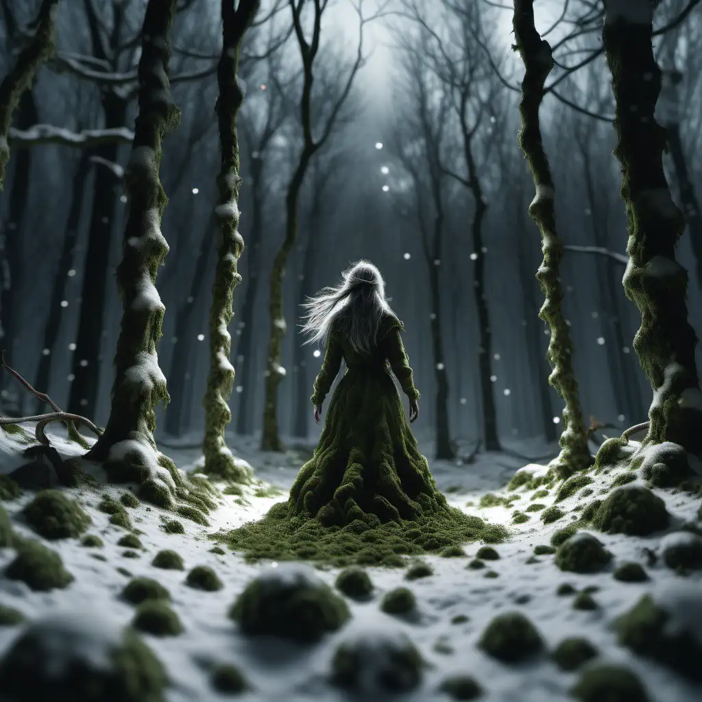 create a night snow forest scene, female spirit is moving away from camera in the horizon, moss covered with snow, ultra realistic, ambient light