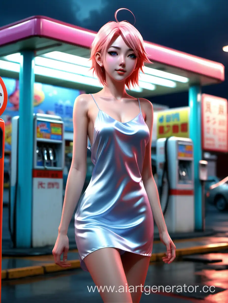 By Yves Di, a beautiful androgynous, satin slip dress, beautiful face, beautiful legs, light pind eyes, very happy face, full body, colorful colors, detailed background beautiful, gas station, rainny day,high quality, 8K Ultra HD, 3D effect, A digital illustration of anime style, soft anime tones, Atmosphere like Kyoto Animation, luminism, three dimensional effect, luminism, 3d render, octane render, Isometric, awesome full color, delicate and anime character expressions
