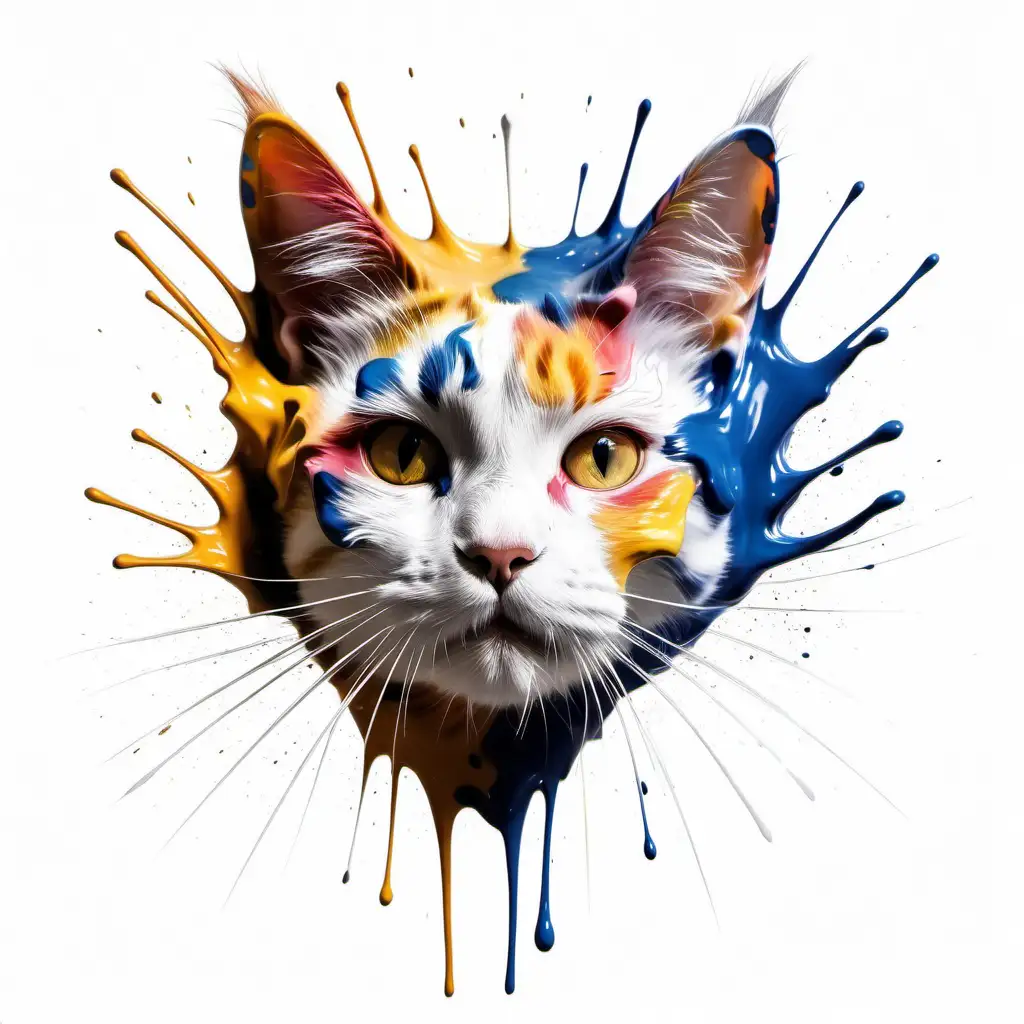 abstract cat head in the air, the paints are around him, white background, ultrarealistic