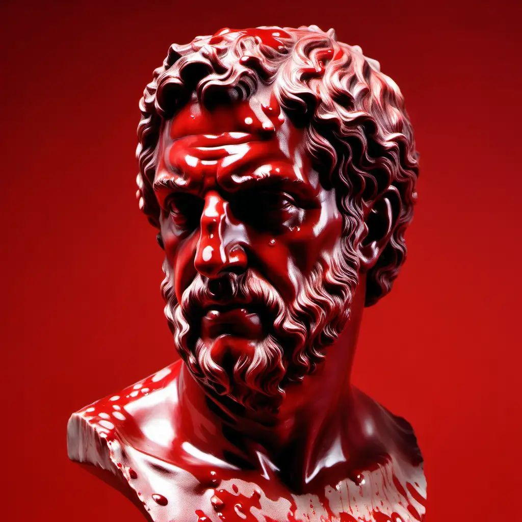 blood covered bust of greek man, Greek bust of man, red shiny, blood soaked bust of greek, red background, classical art