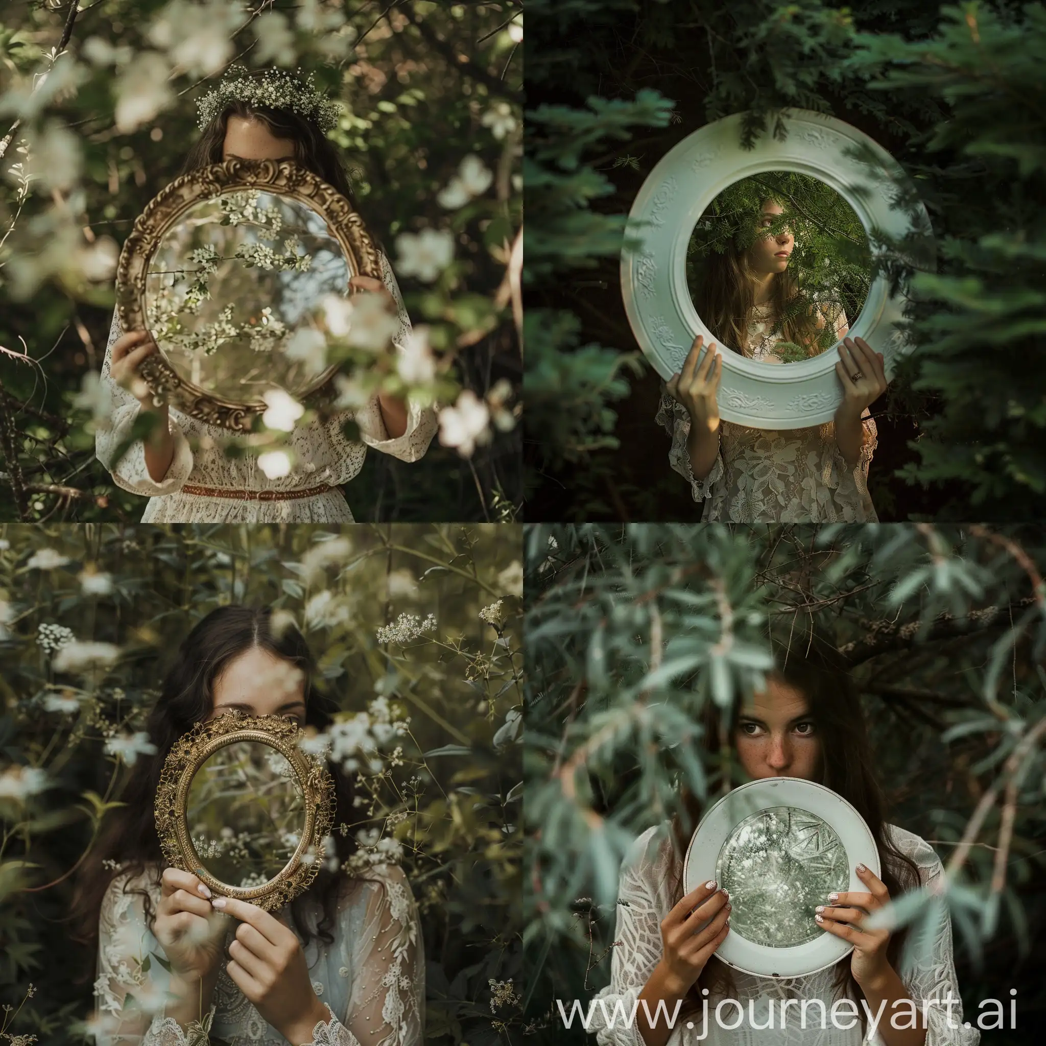 A woman holding a mirror in front of her, in nature --v 6 --ar 1:1