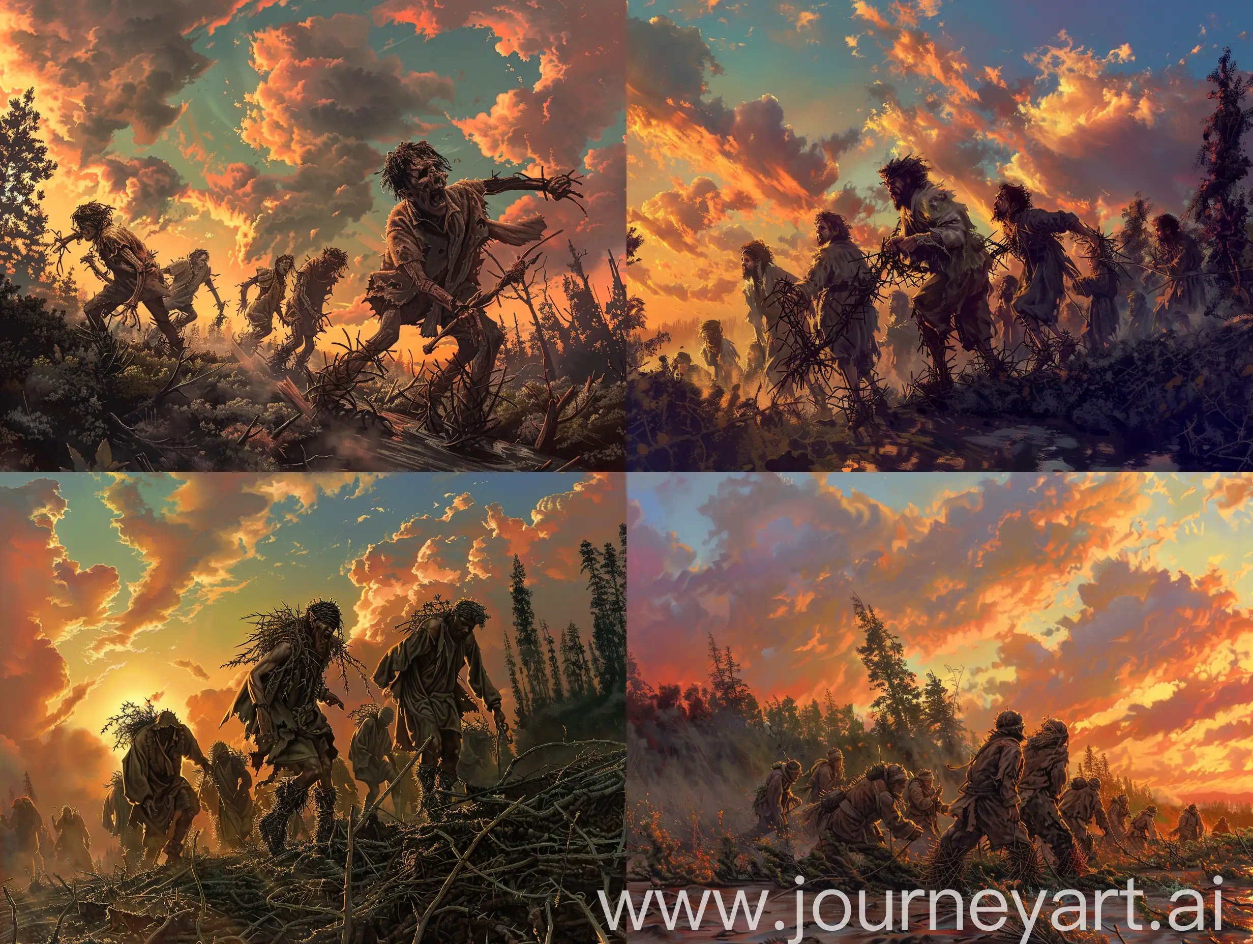 Courageous-Travelers-Navigate-Thorny-Wilderness-at-Sunset