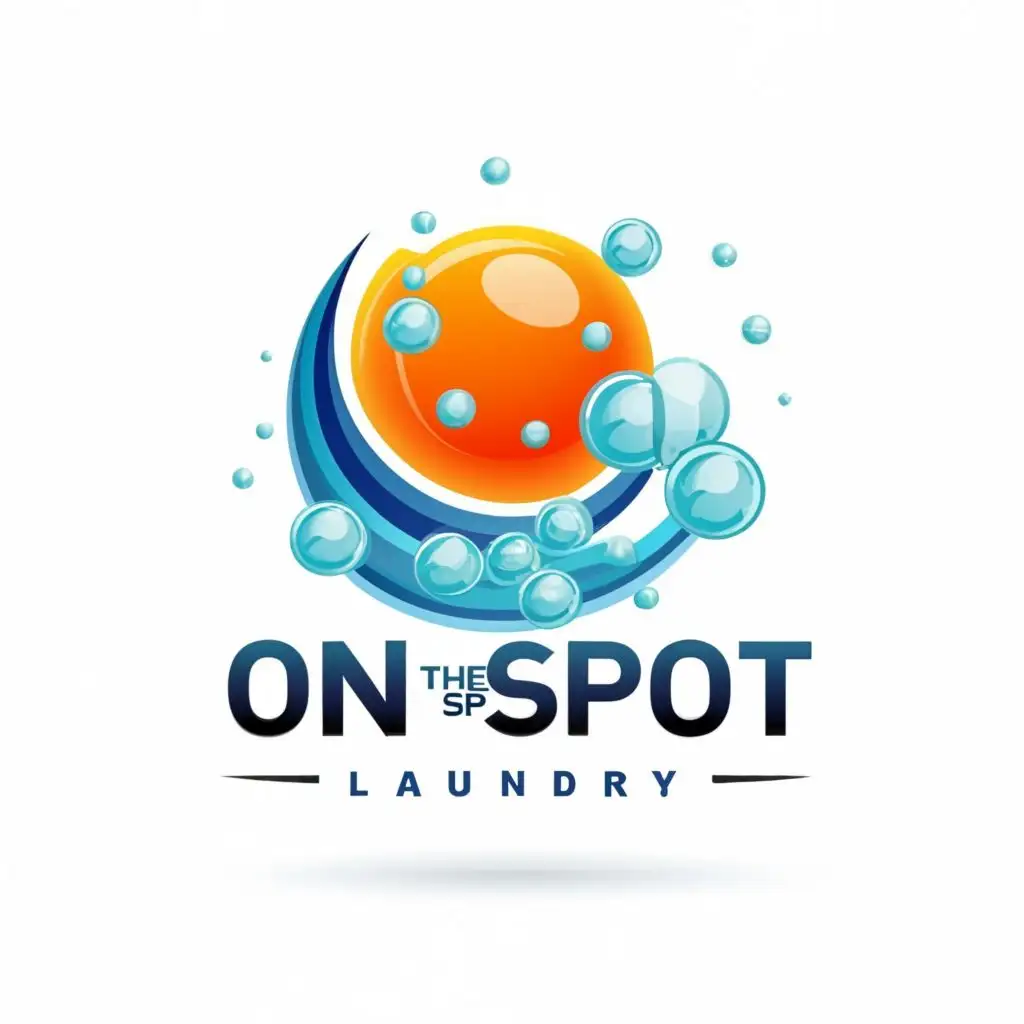 logo, soap bubbles, water, shiny, clean, multi-color, with the text "On the spot laundry", typography, be used in Retail industry
