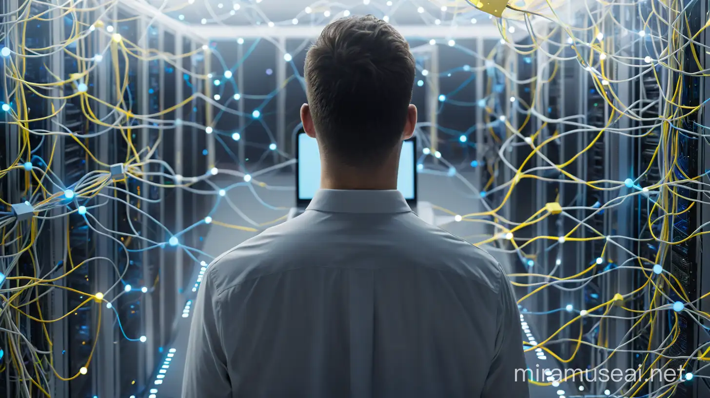 A white man, floating among computer network connections, like a powerful AI. With pale yellow and sky blue colors