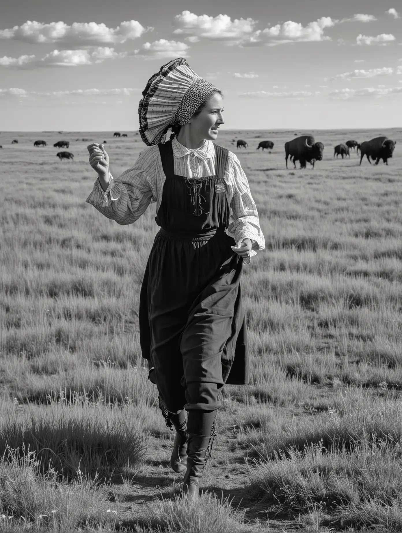 A woman runs through the prairie. She is a pioneer and wears a bonnet. there are buffalo in the background. She is seen from the side.  In black and white. 