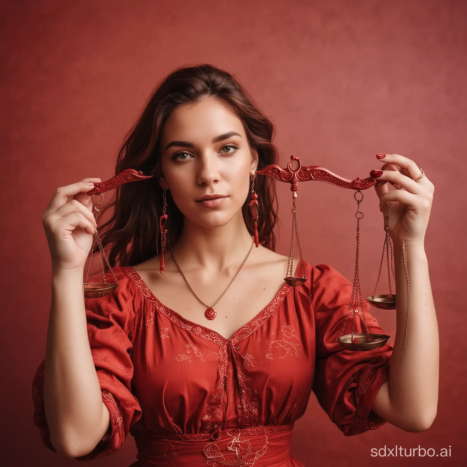Take a photograph of a woman who embodies the zodiac sign Libra, with scales in her hands, in a red color scheme.