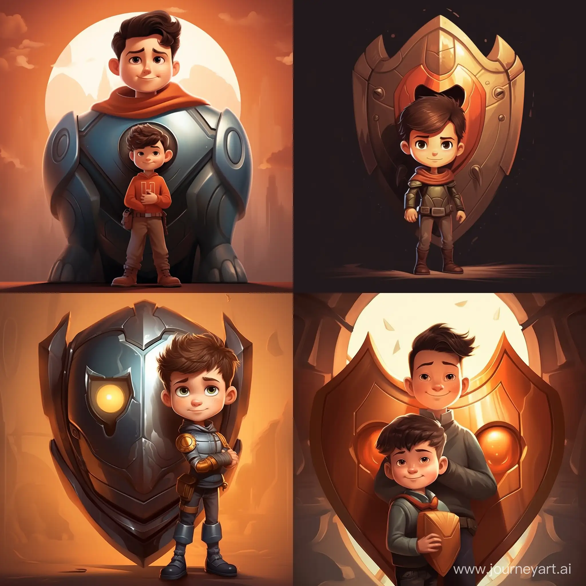 Create a design featuring a strong and friendly character representing the "Big Brother" figure protecting a smaller character symbolizing the "Little Brother." Incorporate security elements like a shield or lock to convey protection