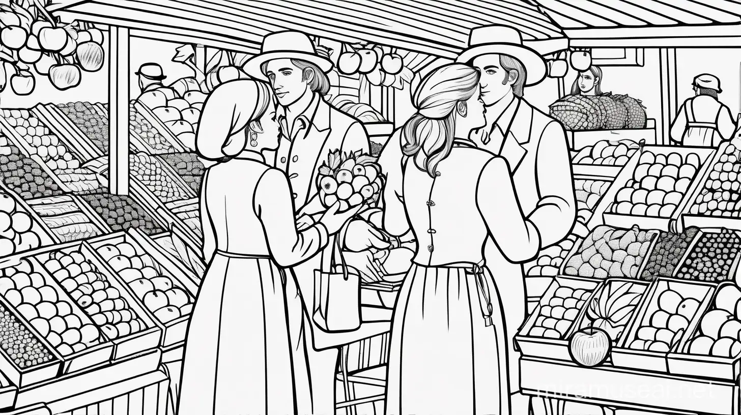 coloring page of a fruit market, a man buy apples, a woman seller, outline, no shading