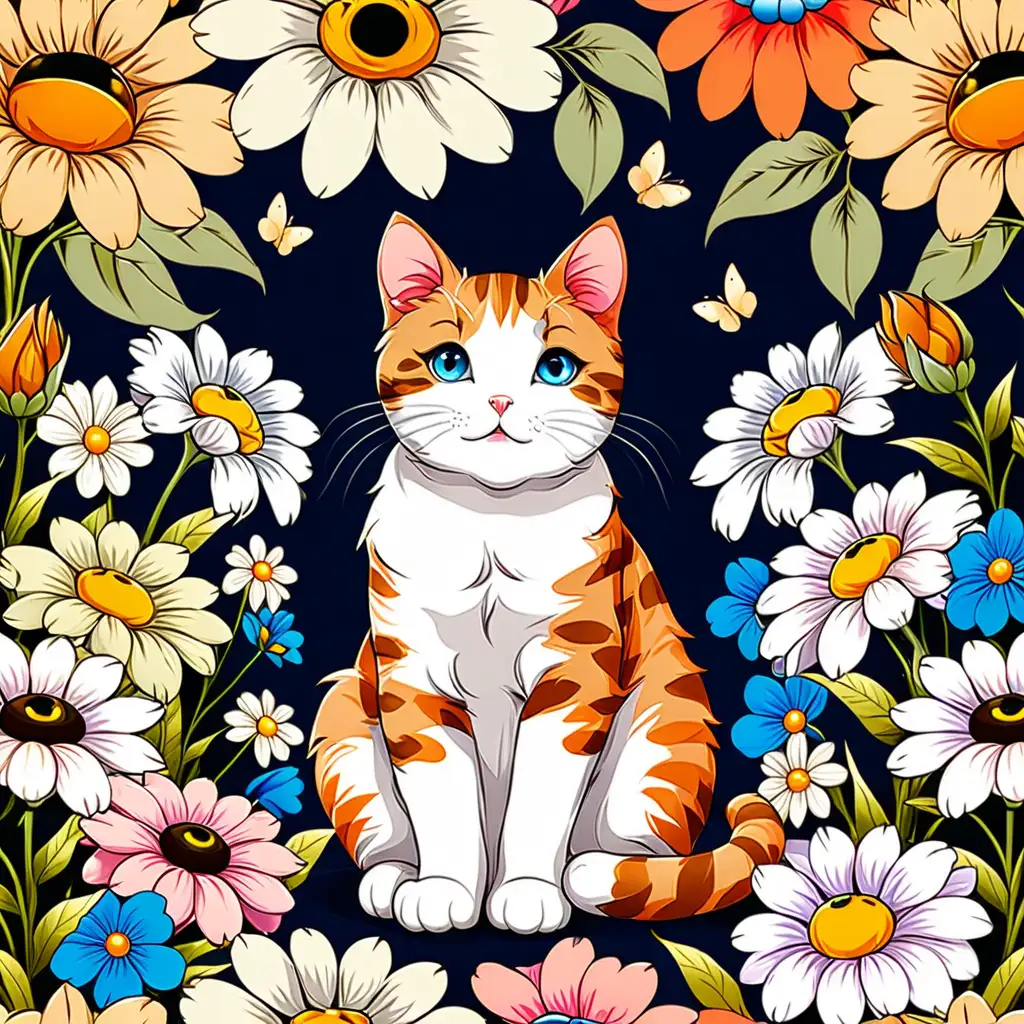 Adorable Cat Sitting Surrounded by Flowers on Seamless Pattern Wallpaper