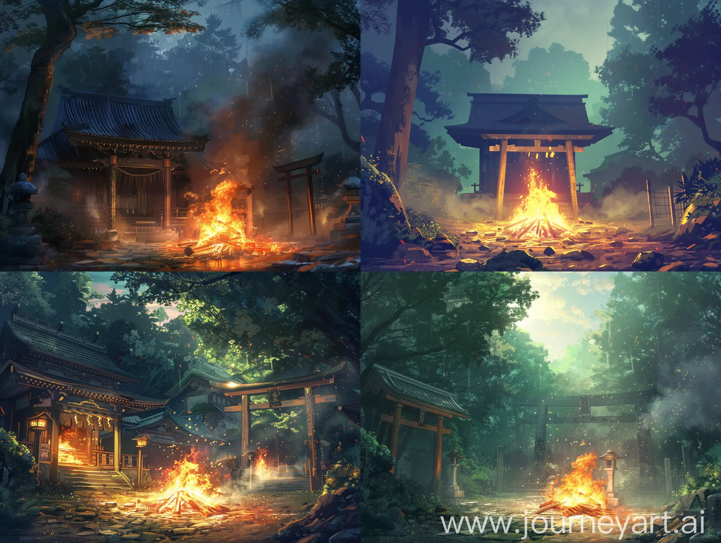 fantasy art of a japanese shinto shrine with bonfire in front of it and tori gate