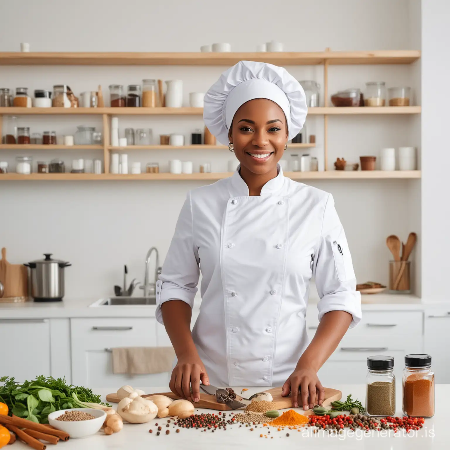 THE BEAUTY AFRICAN AMERICAN WOMAN CHEF AT MODERN WHITE KITCHEN, BESIDE DIFFERENT SPICES