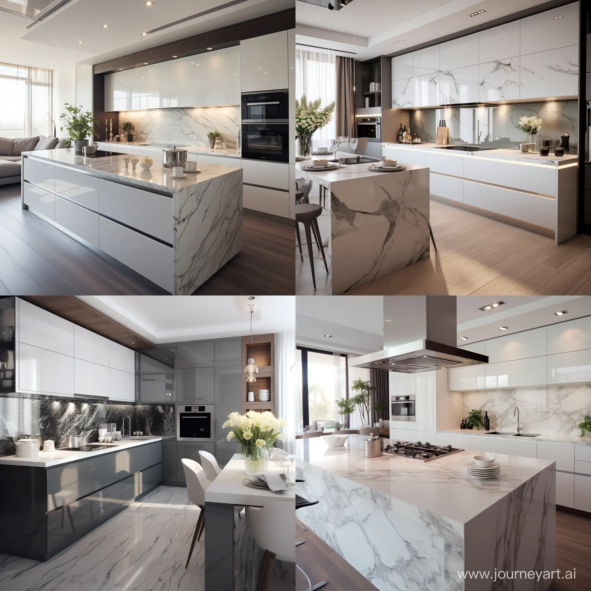 modern kitchen with white marble color flat glosy fronts of the furniture. furniture fronts without frames