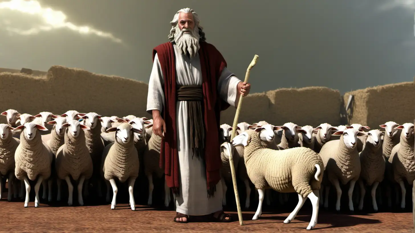 Moses and Fatherinlaw with Flock of Sheep in Desert Landscape