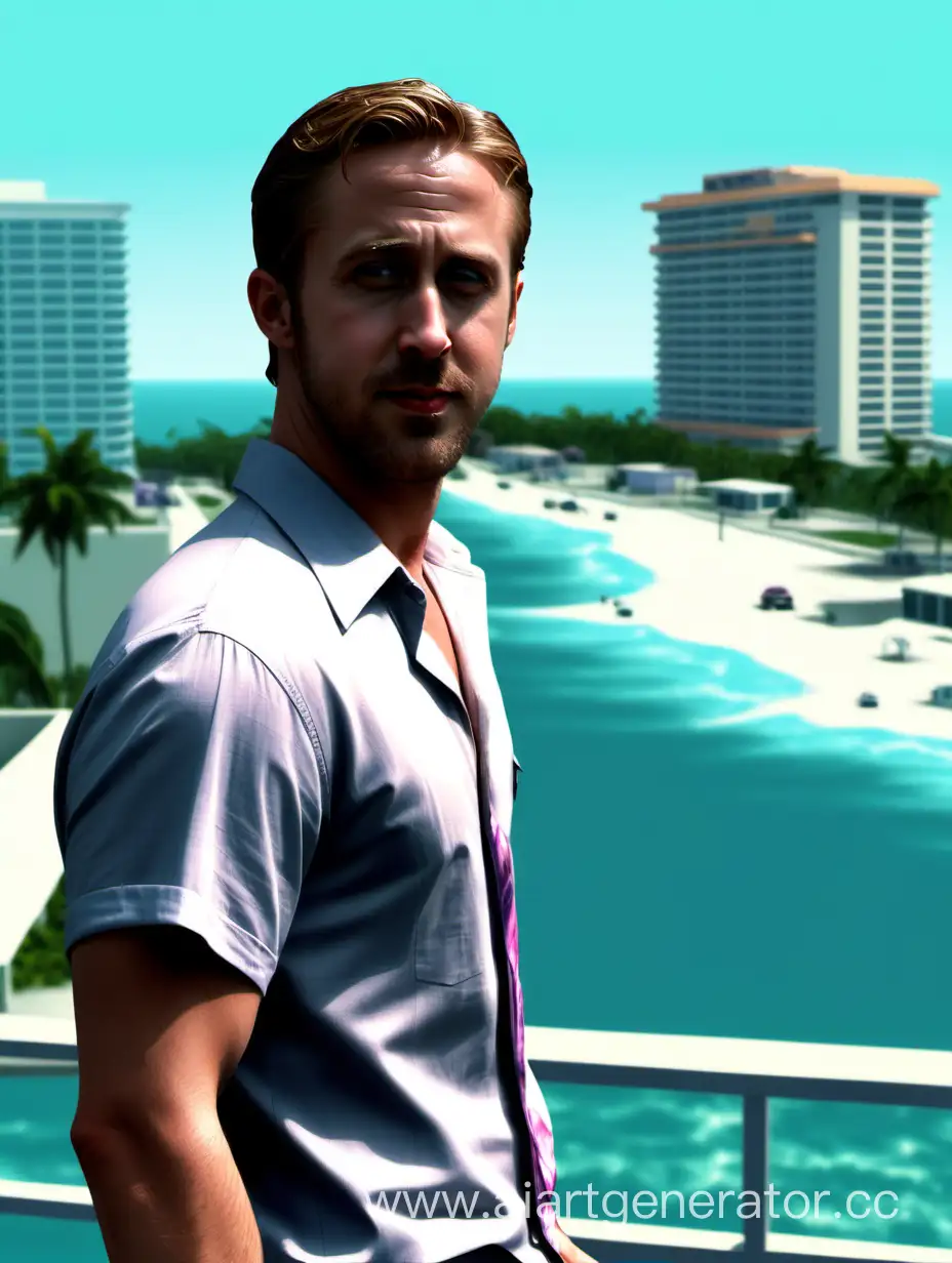 Ryan Gosling in the world of Vice City, against the backdrop of the Ocean View Hotel
