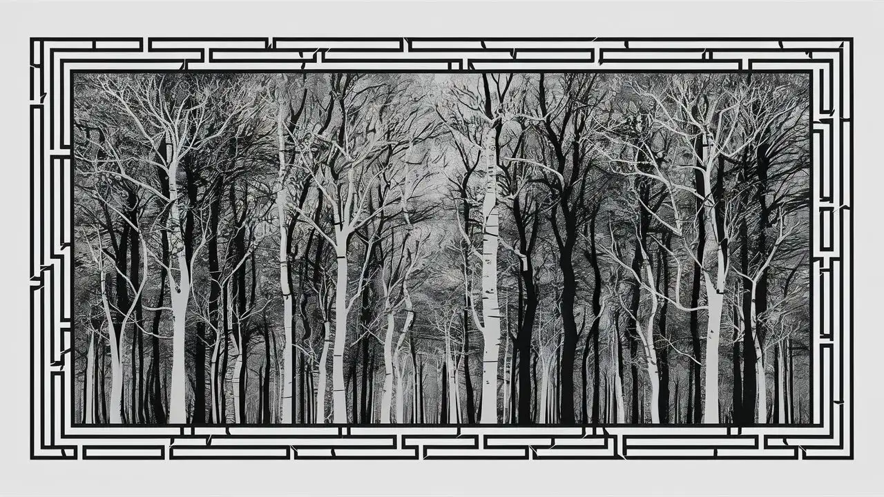 black and white forest, wall art, all lines within border, all lines connected, no background