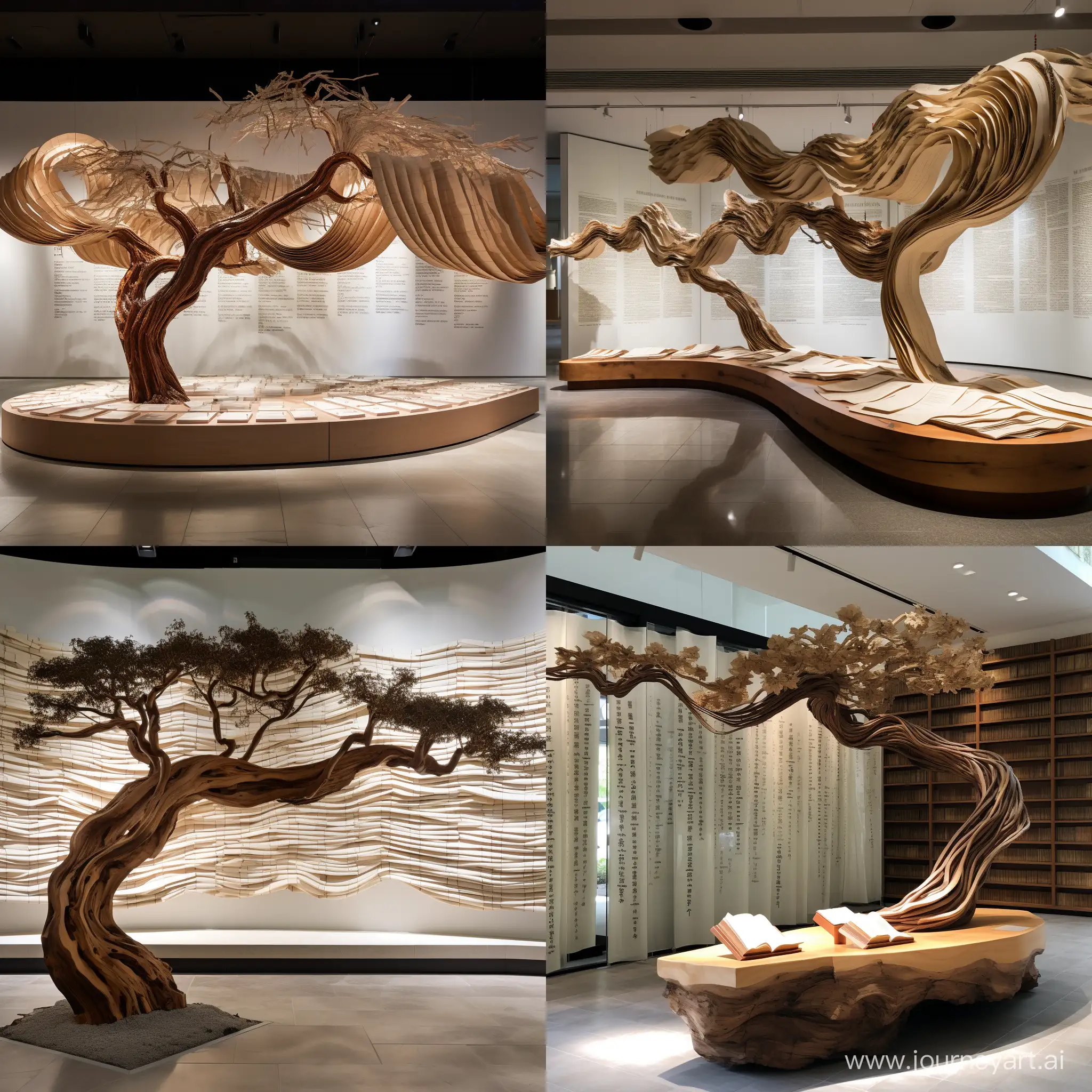 On the front, with a white background, a row of unfolded Chinese bamboo slips stands on the ground with 10 sheet shaped strips, made of brown stone material. The strips are filled with Chinese poetry and prose. On the left side of the bar, in front of it is a stone sculpture of a tree. The tree roots transform into wave sculptures flowing horizontally on the right side.