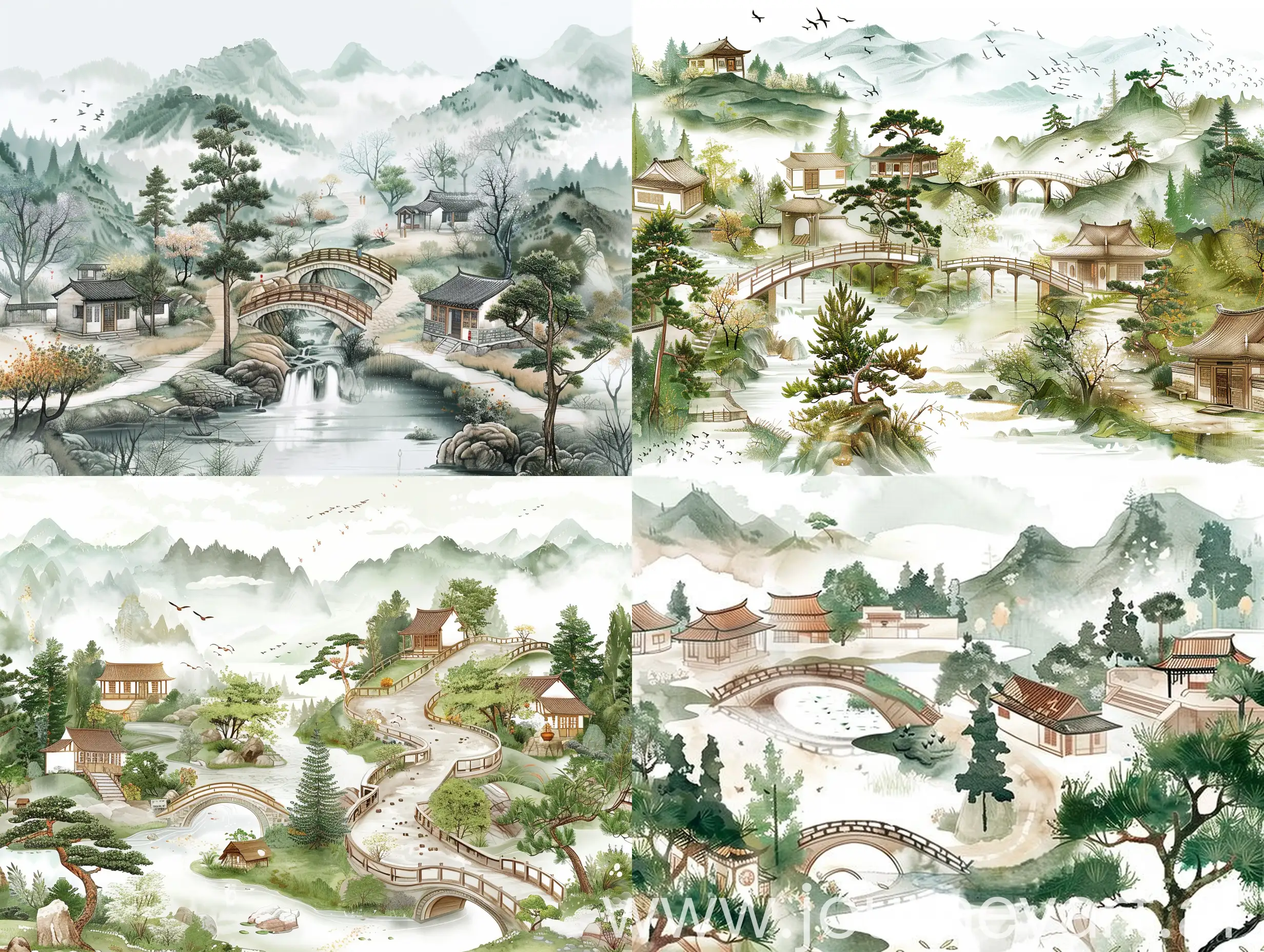 Tranquil-Chinese-Ink-Landscape-Serene-Village-with-Bridges-Water-and-Pine-Trees